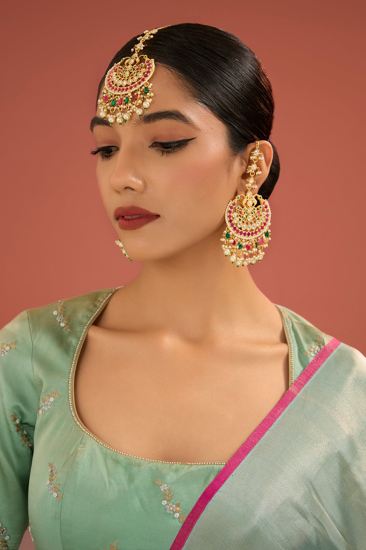 Gold Finish Jadau Kundan Polki & Pearl Dangler Earrings With Maangtikka