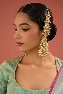 Gold Finish Jadau Pachi Kundan Polki & Pearl Dangler Earrings