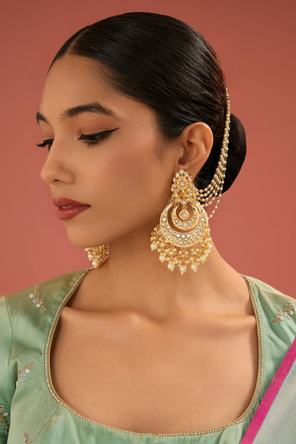 Gold Finish Jadau Kundan Polki & Pearl Chandbali Earrings