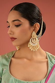 Gold Finish Jadau Kundan Polki & Pearl Chandbali Earrings
