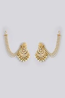 Gold Finish Jadau Kundan Polki & Pearl Chandbali Earrings