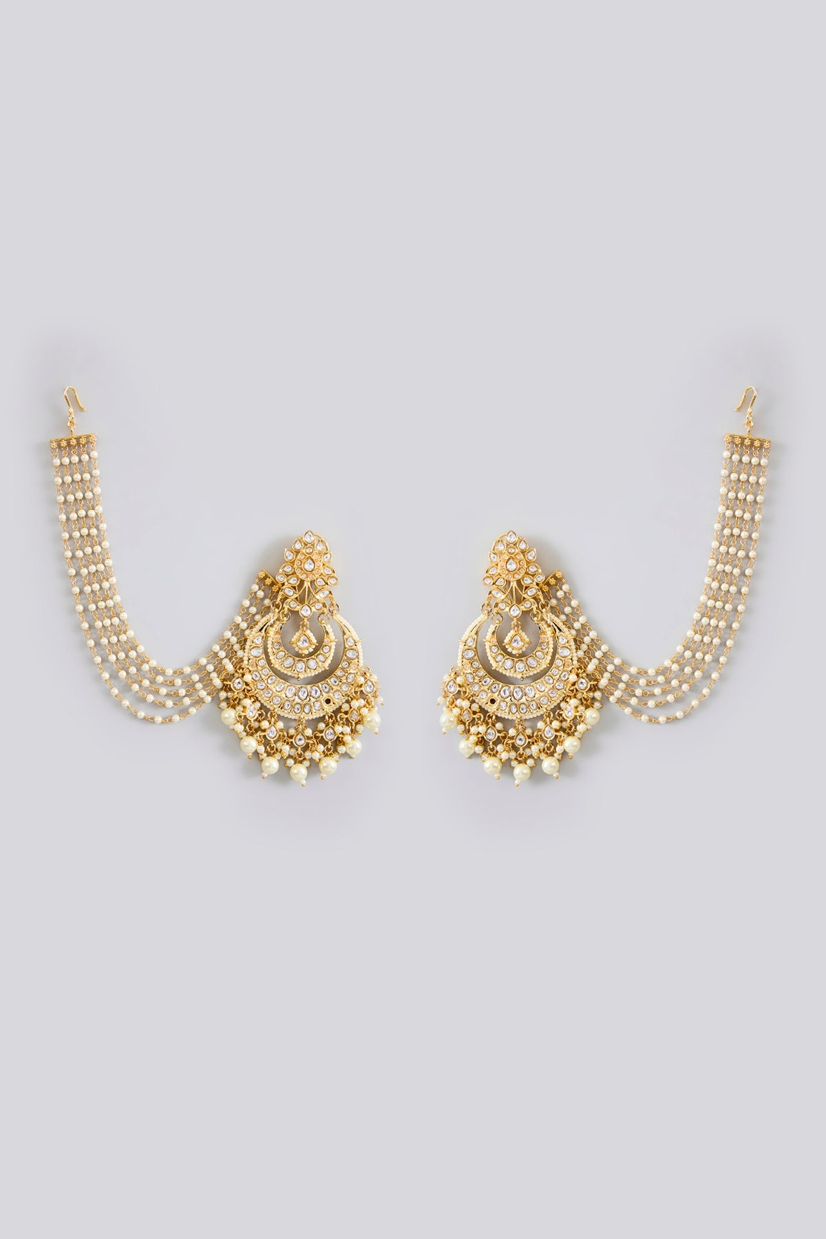 Gold Finish Jadau Kundan Polki & Pearl Chandbali Earrings
