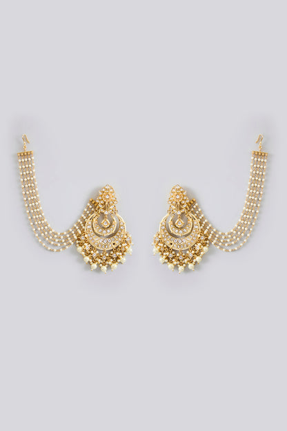 Gold Finish Jadau Kundan Polki & Pearl Chandbali Earrings
