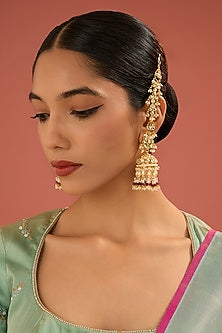 Gold Finish Jadau Pachi Kundan Polki & Pearl Dangler Earrings