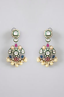 Gold Finish Jadau Kundan Polki & Pearl Dangler Earrings