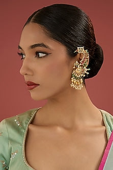 Gold Finish Jadau Pachi Kundan Polki & Pearl Dangler Earrings
