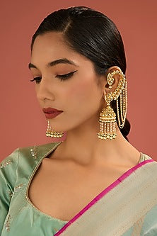 Gold Finish Jadau Pachi Kundan Polki & Pearl Dangler Earrings