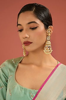 Gold Finish Jadau Kundan Polki & Pearl Dangler Earrings