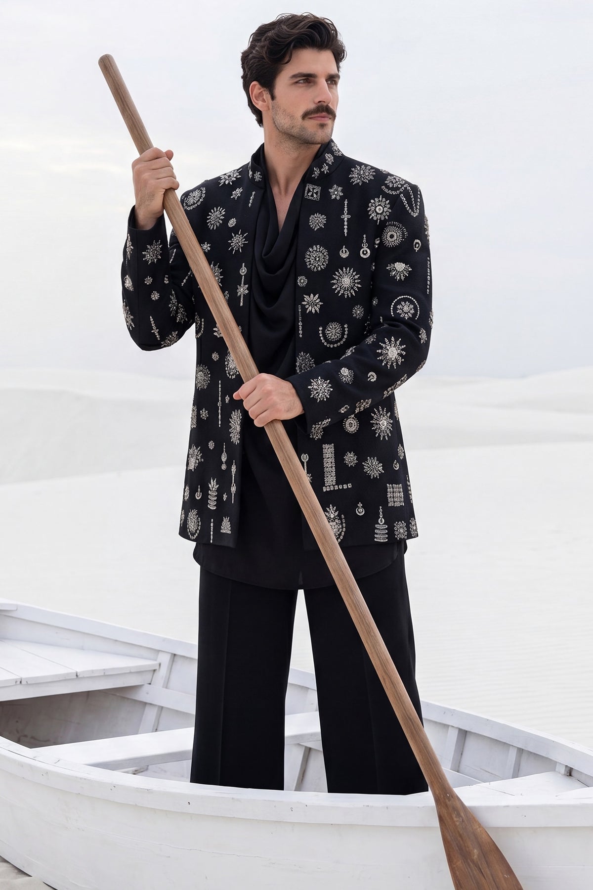 Black Herringbone Knit Motifs Embroidered Indowestern Set
