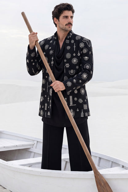 Black Herringbone Knit Motifs Embroidered Indowestern Set