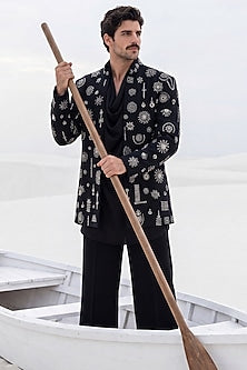 Black Herringbone Knit Motifs Embroidered Indowestern Set