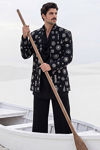 Black Herringbone Knit Motifs Embroidered Indowestern Set