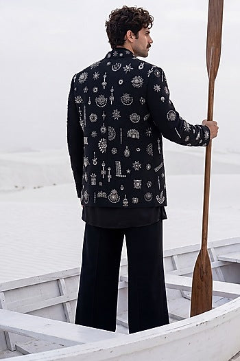 Black Herringbone Knit Motifs Embroidered Indowestern Set
