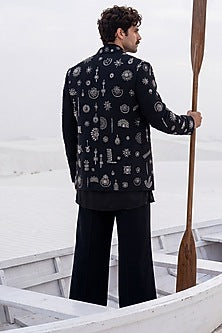 Black Herringbone Knit Motifs Embroidered Indowestern Set