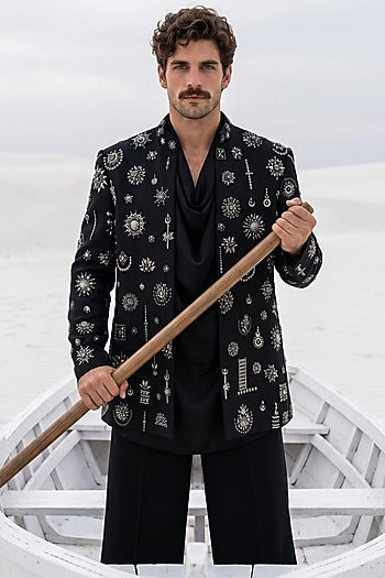 Black Herringbone Knit Motifs Embroidered Indowestern Set