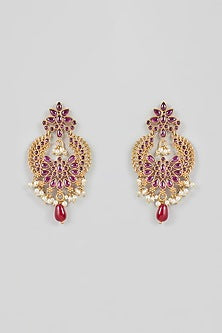 Gold Finish Pink Onyx & Freshwater Pearl Dangler Earrings In Sterling Silver