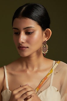 Gold Finish Pink Onyx & Freshwater Pearl Dangler Earrings In Sterling Silver
