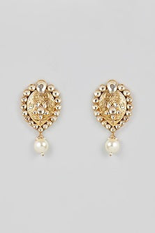 Gold Finish Kundan Polki & Pearl Dangler Earrings In Sterling Silver