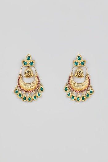 Gold Finish Pink & Green Onyx Dangler Earrings In Sterling Silver