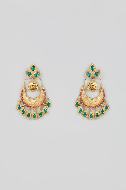 Gold Finish Pink & Green Onyx Dangler Earrings In Sterling Silver