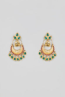 Gold Finish Pink & Green Onyx Dangler Earrings In Sterling Silver