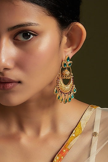 Gold Finish Pink & Green Onyx Dangler Earrings In Sterling Silver