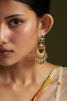 Gold Finish Pink & Green Onyx Dangler Earrings In Sterling Silver