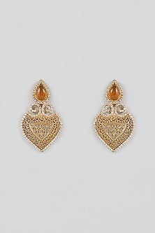Gold Finish Blue Topaz & Yellow Chalcedony Dangler Earrings In Sterling Silver
