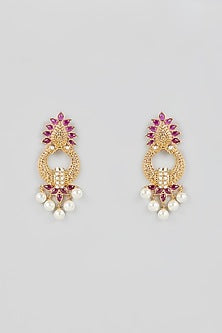 Gold Finish Pink Onyx & Freshwater Pearl Dangler Earrings In Sterling Silver