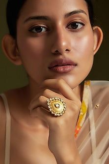Gold Finish Kundan Polki Ring In Sterling Silver
