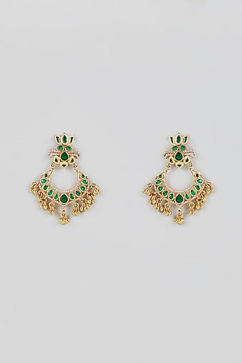 Gold Finish Green Onyx Dangler Earrings In Sterling Silver