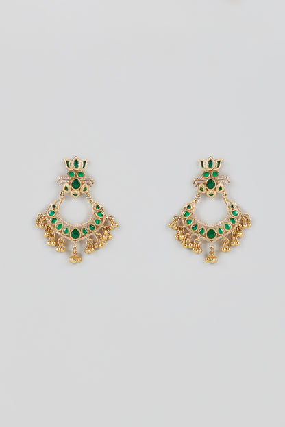 Gold Finish Green Onyx Dangler Earrings In Sterling Silver