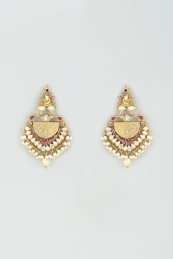 Gold Finish Kundan Polki & Red Onyx Dangler Earrings In Sterling Silver