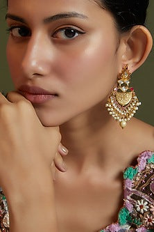 Gold Finish Kundan Polki & Red Onyx Dangler Earrings In Sterling Silver