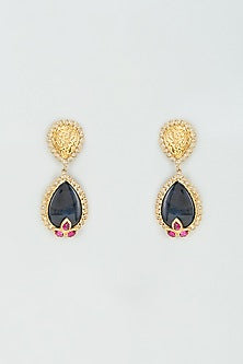 Gold Finish Pink & Black Onyx Dangler Earrings In Sterling Silver
