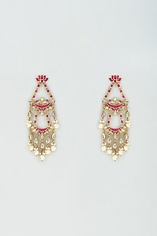 Gold Finish Kundan Polki & Pink Onyx Dangler Earrings In Sterling Silver