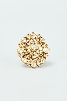 Gold Finish Kundan Polki Ring In Sterling Silver