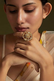 Gold Finish Kundan Polki Ring In Sterling Silver