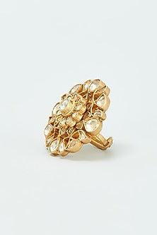 Gold Finish Kundan Polki Ring In Sterling Silver