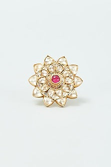 Gold Finish Kundan Polki & Pink Onyx Ring In Sterling Silver