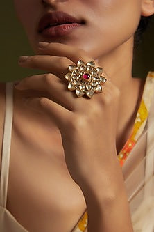 Gold Finish Kundan Polki & Pink Onyx Ring In Sterling Silver