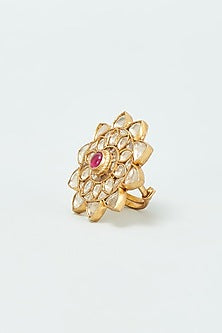 Gold Finish Kundan Polki & Pink Onyx Ring In Sterling Silver
