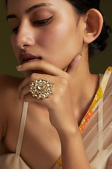 Gold Finish Kundan Polki Ring In Sterling Silver