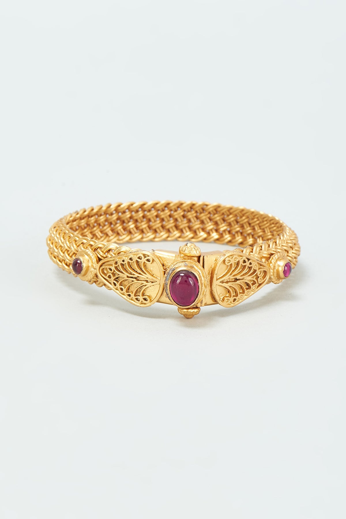 Gold Finish Red Onyx Bangle In Sterling Silver