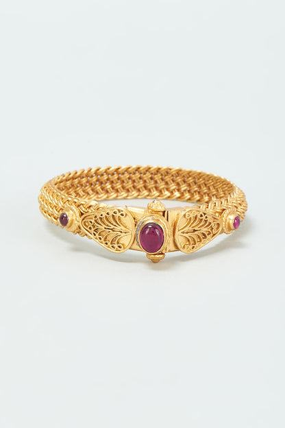 Gold Finish Red Onyx Bangle In Sterling Silver