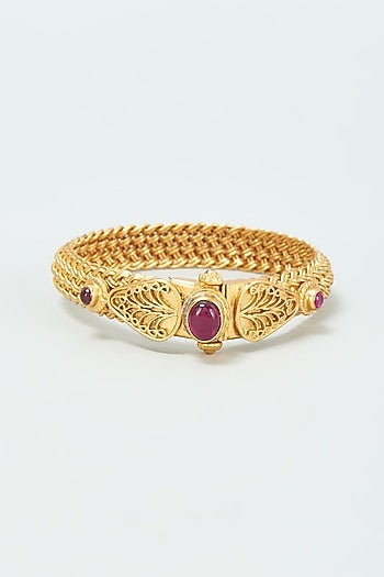 Gold Finish Red Onyx Bangle In Sterling Silver