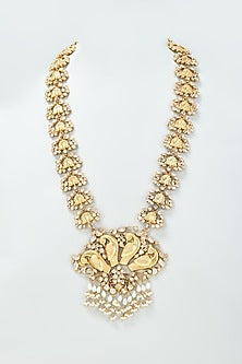 Gold Finish Kundan Polki & Pearl Long Necklace In Sterling Silver