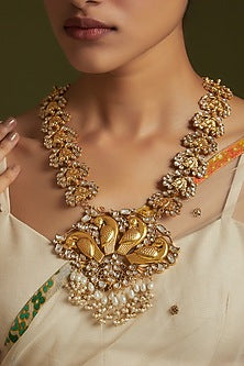 Gold Finish Kundan Polki & Pearl Long Necklace In Sterling Silver
