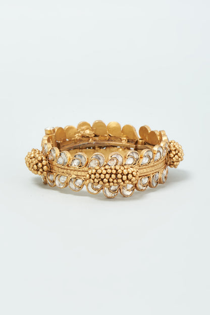 Gold Finish Kundan Polki Bangle In Sterling Silver