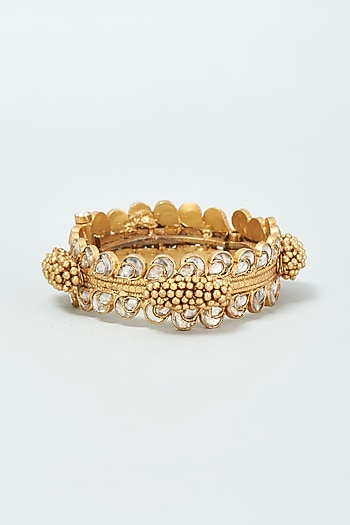 Gold Finish Kundan Polki Bangle In Sterling Silver